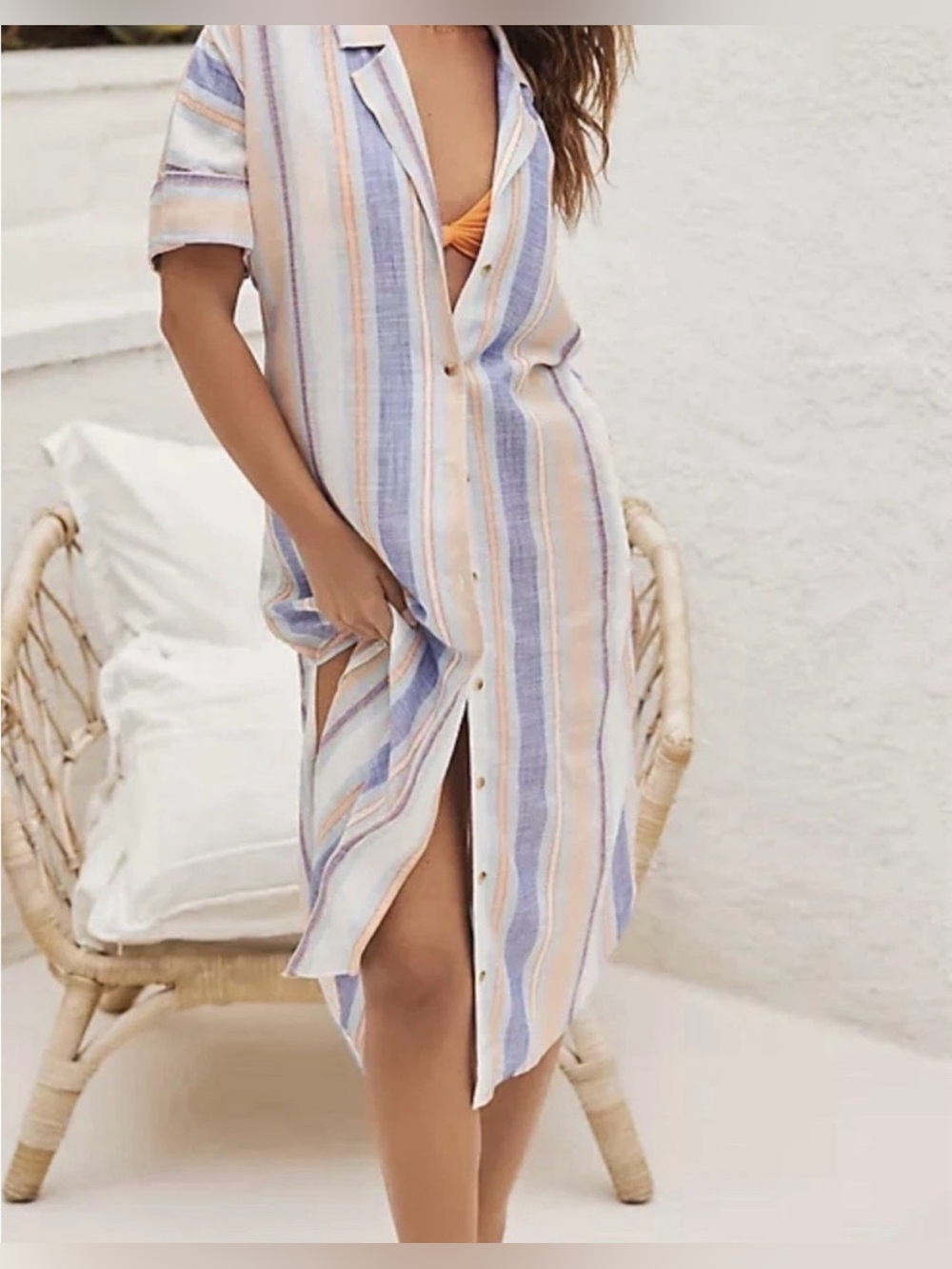 Anthropologie Blue Orange and White Striped Button-Up Midi Dress - Size S